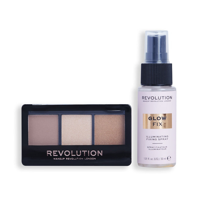 Makeup Revolution Mini Contour & Glow zestaw rozświetlający spray utrwalający 30ml + paletka do konturowania twarzy 3x1.05g