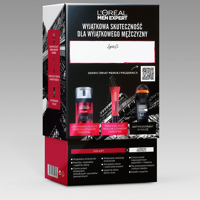 L'Oreal Paris Men Expert Vita Lift zestaw krem nawilżający przeciw oznakom starzenia 50ml + krem pod oczy przeciw oznakom starzenia 15ml + Carbon Protect antyperspirant w kulce 50ml