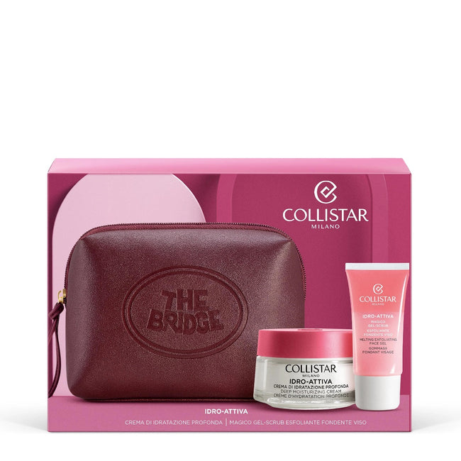 Collistar Idro-Attiva zestaw krem głęboko nawilżający 50ml + żel złuszczający do twarzy 30ml + próbka kropli samoopalających + burgundowa kosmetyczka