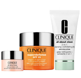 Clinique Fatigue Fighters zestaw All About Clean 2-in-1 Cleansing + Exfoliating Jelly 30ml + Superdefense SPF25 50ml + All About Eyes 5ml