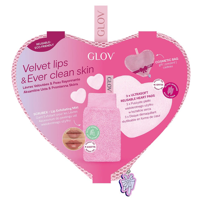 Glov Velvet Lips & Ever Clear Skin zestaw rękawica do peelingu ust + wielorazowe płatki kosmetyczne w kształcie serca