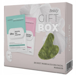 GLAMFOX Beauty Gift Box zestaw nawilżająco-kojąca maska w płachcie 25ml + rewitalizująca maska w płachcie 25ml + kamień gua sha