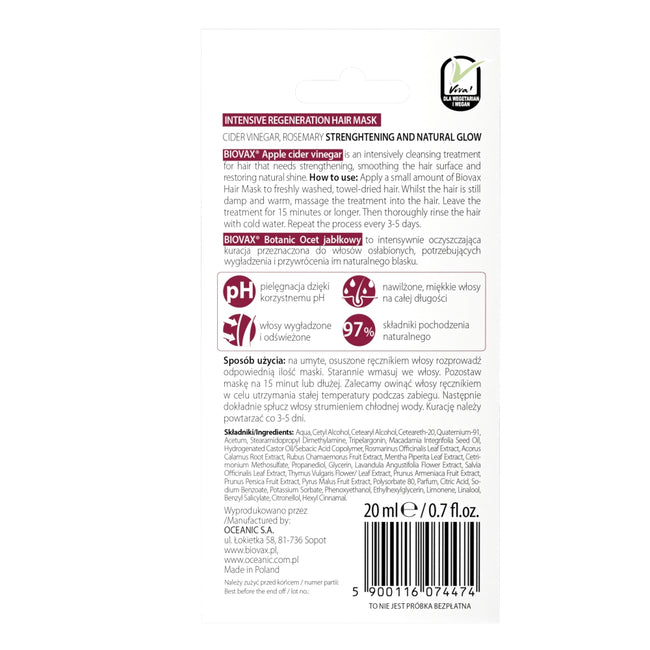 BIOVAX Botanic maska do włosów intensywnie regenerująca z octem 20ml