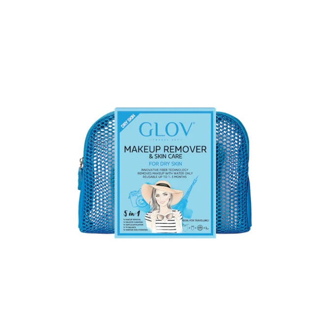 Glov Travel Set Dry Skin podróżny zestaw On-The-Go rękawica do oczyszczania cery suchej + Quick Treat do korekt makijażu + Magnet Cleanser do czyszczenia rękawic i pędzli + kosmetyczka