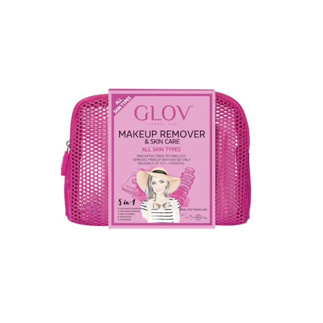 Glov Travel Set All Skin Types podróżny zestaw On-The-Go rękawica do oczyszczania cery mieszanej Quick Treat do korekt makijażu + Magnet Cleanser do czyszczenia rękawic i pędzli + kosmetyczka