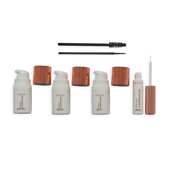 Makeup Revolution Zestaw Brow Lamination Set Brow Glue klej do brwi 4ml + Brow Lift krem do brwi 5ml + Brow Fix utrwalacz do brwi 5ml + Brow Hydrate nawilżacz do brwi 5ml +  Brush pędzelek x2