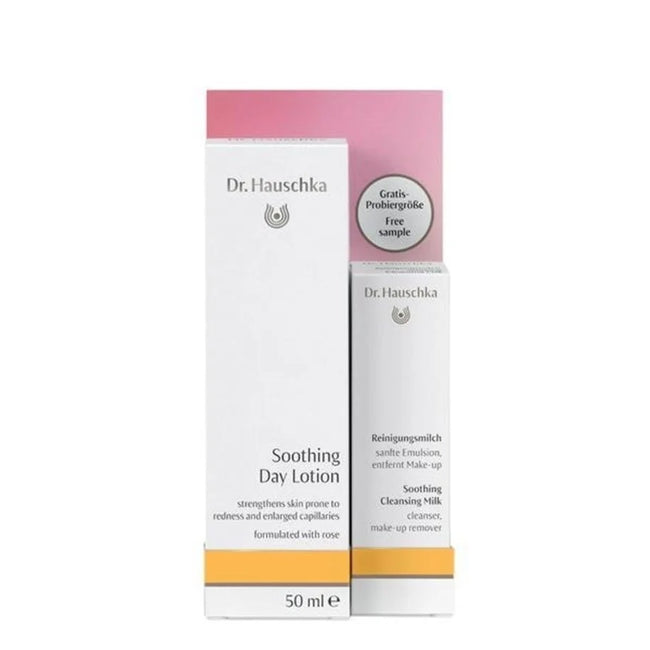 Dr. Hauschka Zestaw Soothing Day Lotion łagodzący balsam na dzień 50ml + Soothing Cleansing Milk kojące mleczko do demakijażu 10ml