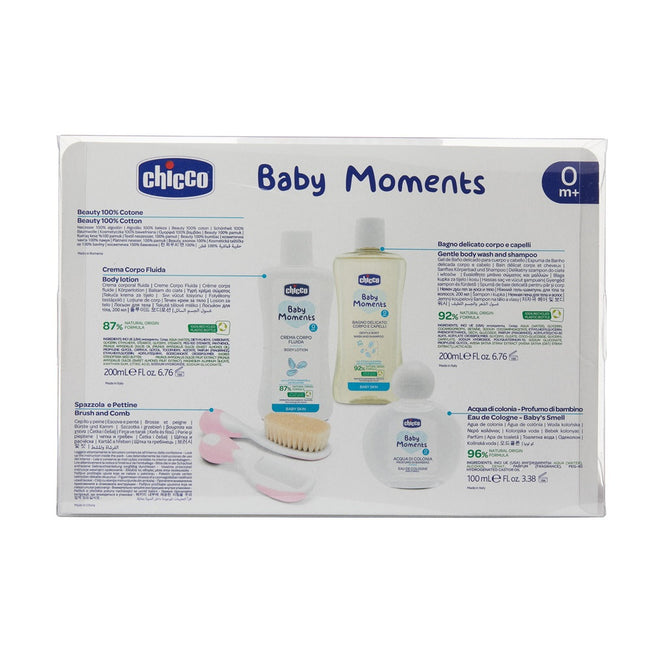 Chicco Baby Moments Pink zestaw płyn do mycia 200ml + balsam do ciała 200ml + woda perfumowana 100ml + szczotka i grzebień + kosmetyczka