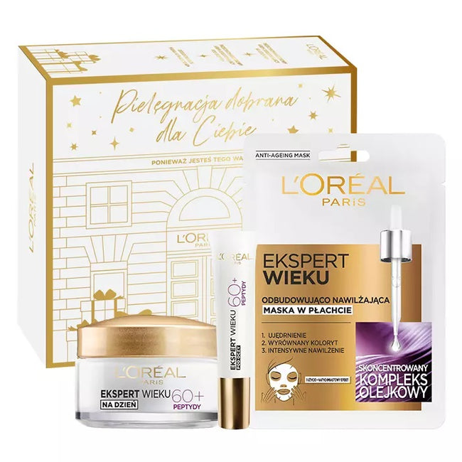 L'Oreal Paris Ekspert Wieku 60+ zestaw odbudowujący krem na dzień 50ml + odbudowująco-nawilżająca maska w płachcie 30g + odbudowujący krem pod oczy 15ml