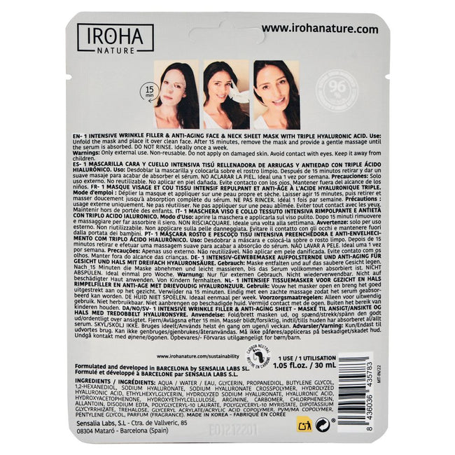 IROHA nature Wrinkle Filler & Anti-Age Tissue Face & Neck Mask przeciwzmarszczkowa maska w płachcie na twarz i szyję z kwasem hialuronowym 30ml