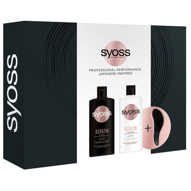 Syoss Keratin zestaw szampon do włosów słabych i łamliwych 440ml + odżywka do włosów słabych i łamliwych 440ml + kompaktowa szczotka do włosów