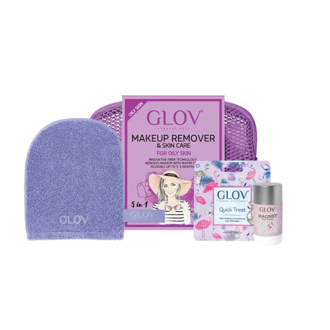Glov Travel Set Oily Skin podróżny zestaw On-The-Go do oczyszczania cery tłustej + Quick Treat do korekt makijażu + Magnet Cleanser do czyszczenia rękawic i pędzli + kosmetyczka