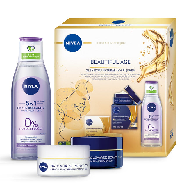 Nivea Beautiful Age zestaw przeciwzmarszczkowy krem rewitalizujący 55+ na dzień 50ml + przeciwzmarszczkowy krem rewitalizujący na noc 55+ 50ml + płyn micelarny do cery wrażliwej i nadwrażliwej 200ml