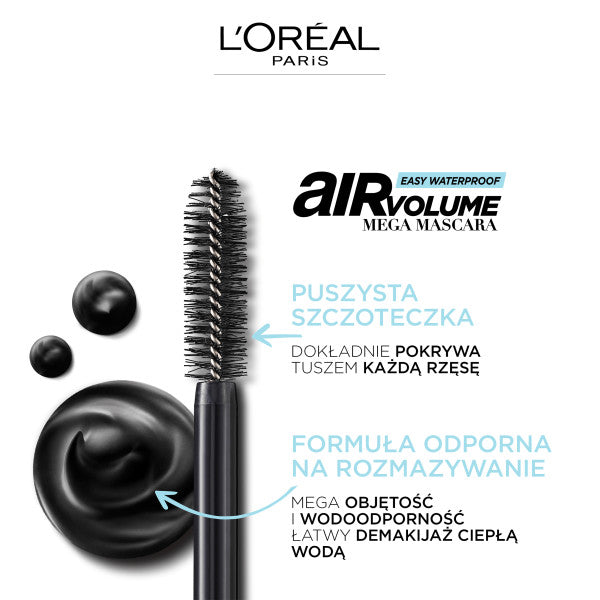 L'Oreal Paris Air Volume Easy Waterproof Mega Mascara wodoodporny tusz do rzęs Black 7.9ml
