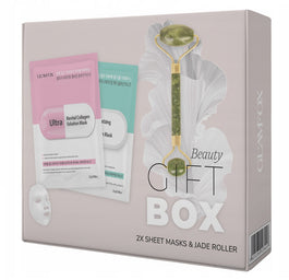 GLAMFOX Beauty Gift Box zestaw nawilżająco-kojąca maska w płachcie 25ml + rewitalizująca maska w płachcie 25ml + roller do masażu twarzy