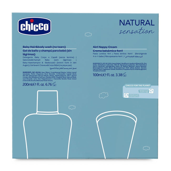 Chicco Natural Sensation Daily Protection zestaw płyn do mycia ciała i włosów 200ml + krem do pieluszki 4w1 100ml