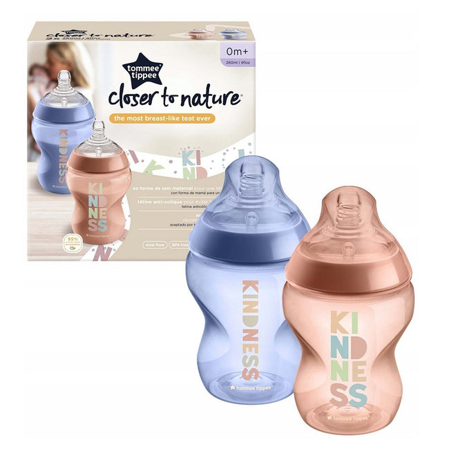 Tommee Tippee Closer To Nature butelka do karmienia ze smoczkiem silikonowym 0m+ Kindness 2x260ml