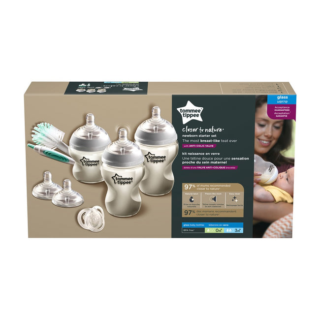 Tommee Tippee Closer To Nature zestaw startowy dla noworodka butelka szklana 150ml + butelka szklana 260ml 2szt + szczotka do butelek + smoczek 0-6m + smoczek do butelki o średnim przepływie 2szt