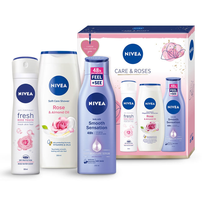 Nivea Care & Roses zestaw Fresh Rose Touch antyperspirant spray 150ml + Rose & Almond Oil żel pod prysznic 250ml + wygładzające mleczko do ciała 250ml