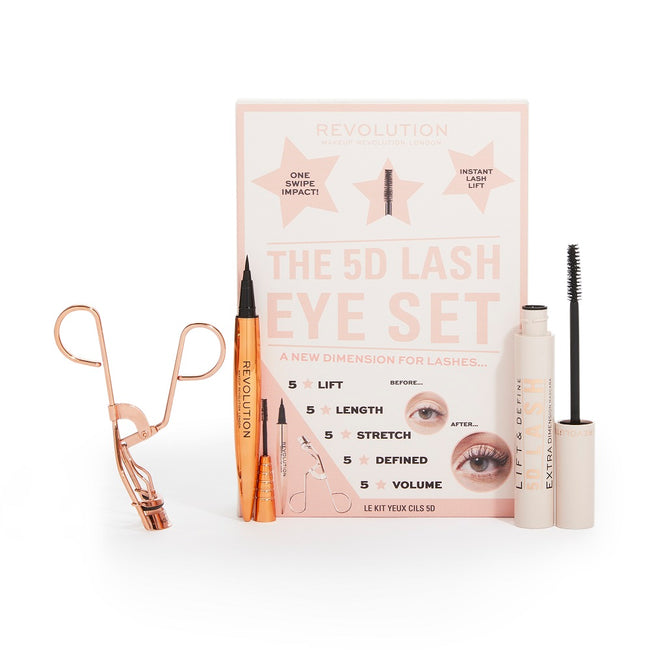 Makeup Revolution The 5D Lash Eye Set zestaw Lift & Define 5D Lash Mascara tusz do rzęs + Renaissance Flick eyeliner w pisaku + Rose Gold Eyelash Curlers zalotka do rzęs