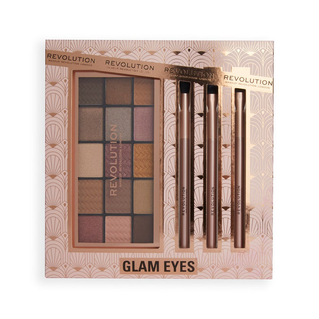 Makeup Revolution Glam Eyes Makeup Gift Set zestaw Reloaded Eyeshadow Palette paleta cieni do powiek + Eyeshadow Brushes pędzle do makijażu 3szt