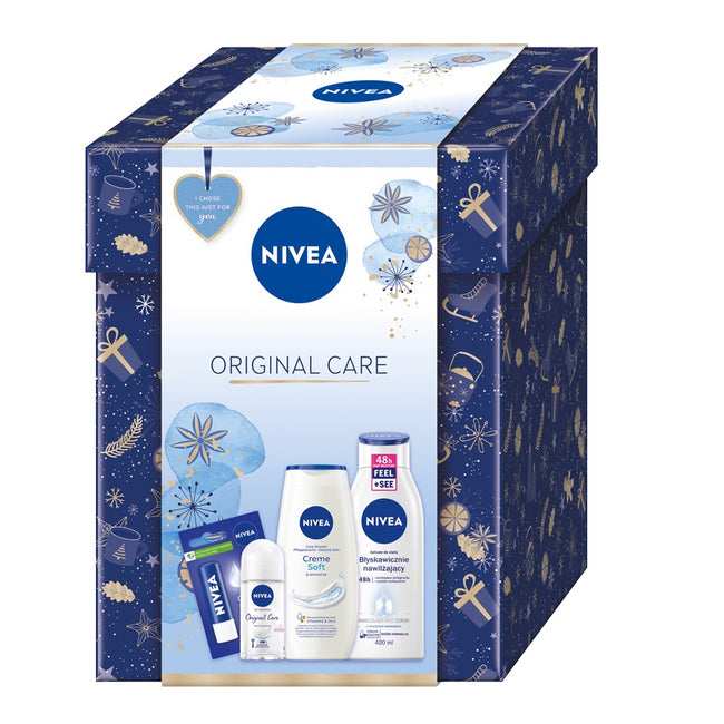 Nivea Original Care zestaw antyperspirant w kulce 50ml + żel pod prysznic 250ml + błyskawicznie nawilżający balsam do ciała 400ml + pielęgnująca pomadka do ust 5.5ml