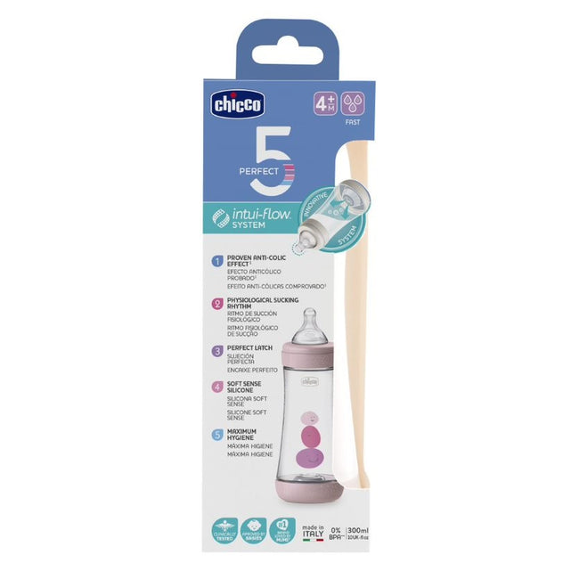 Chicco Perfect5 butelka antykolkowa ze smoczkiem silikonowym przepływ szybki 4m+ Girl 300ml