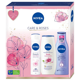 Nivea Care & Roses zestaw Fresh Rose Touch antyperspirant spray 150ml + Rose & Almond Oil żel pod prysznic 250ml + wygładzające mleczko do ciała 250ml