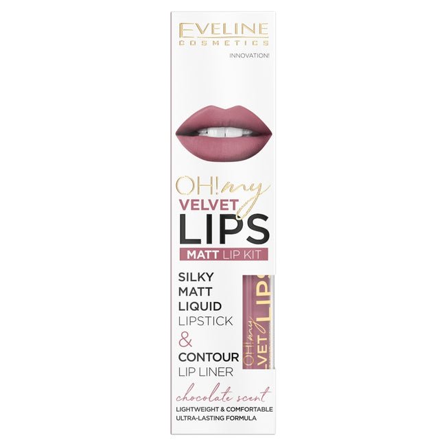 Eveline Cosmetics Oh! My Velvet Lips Liquid Matt Lip Kit zestaw matowa pomadka w płynie 4.5ml + konturówka do ust 1szt 13 Brownie Biscotti