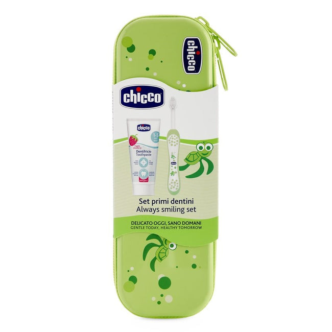 Chicco Always Smiling Set zestaw pasta z fluorem + szczoteczka do zębów + etui 1-5l Zielony
