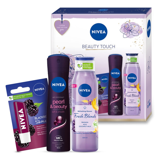 Nivea Beauty Touch zestaw Fresh Blends Banan i Acai żel pod prysznic 300ml + Pearl & Beauty Black Pearl antyperspirant spray 150ml + Blackberry Shine pomadka do ust 4.8g