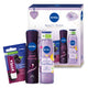 Nivea Beauty Touch zestaw Fresh Blends Banan i Acai żel pod prysznic 300ml + Pearl & Beauty Black Pearl antyperspirant spray 150ml + Blackberry Shine pomadka do ust 4.8g