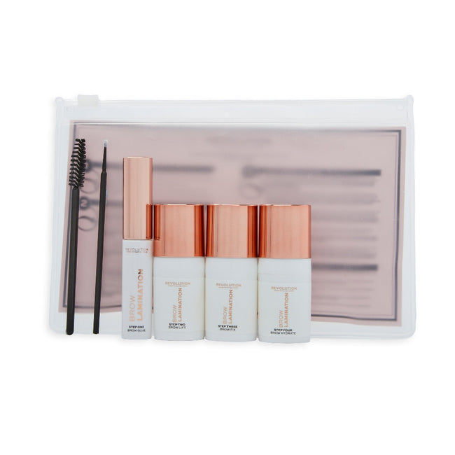 Makeup Revolution Zestaw Brow Lamination Set Brow Glue klej do brwi 4ml + Brow Lift krem do brwi 5ml + Brow Fix utrwalacz do brwi 5ml + Brow Hydrate nawilżacz do brwi 5ml +  Brush pędzelek x2