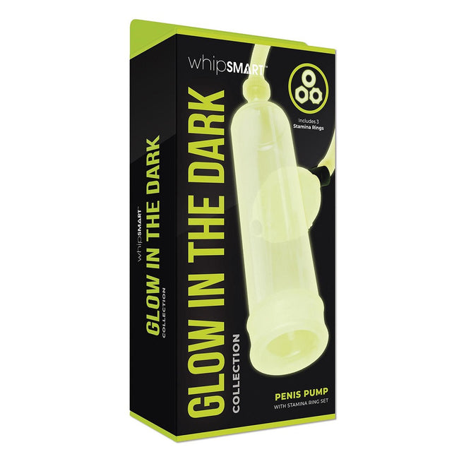 Whipsmart Glow In The Dark Penis Pump & Stamina Ring pompka do penisa i zestaw pierścieni White