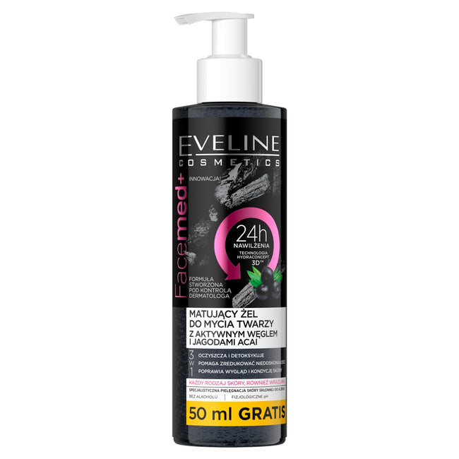 Eveline Cosmetics Facemed+ 3w1 matujący żel do mycia twarzy z aktywnym węglem i jagodami acai 200ml