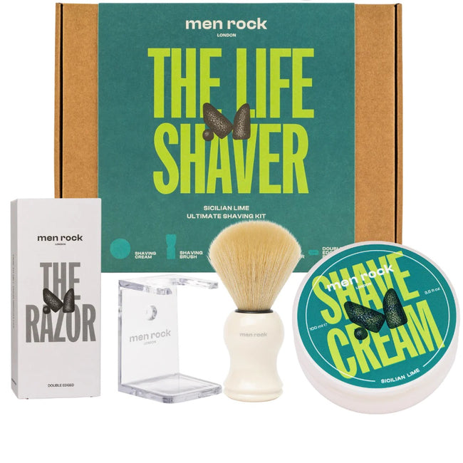 MenRock The Life Shaver Sicilian Lime zestaw krem do golenia 100ml + pędzel do golenia + stojak na pędzel + maszynka do golenia + ostrza maszynki do golenia