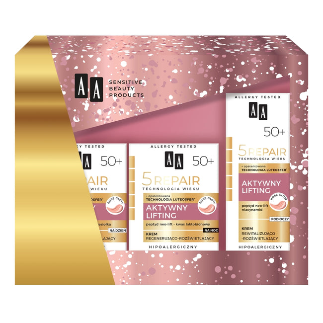 AA Technologia Wieku 5Repair 50+ Aktywny Lifting zestaw krem na dzień liftingująco-rozświetlający 50ml + krem na noc regenerująco-rozświetlający 50ml + krem pod oczy rewitalizujaco-rozświetlający 15ml