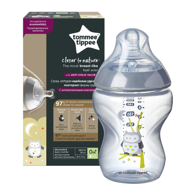 Tommee Tippee Closer To Nature butelka do karmienia ze smoczkiem silikonowym 0m+ Sowa 260ml