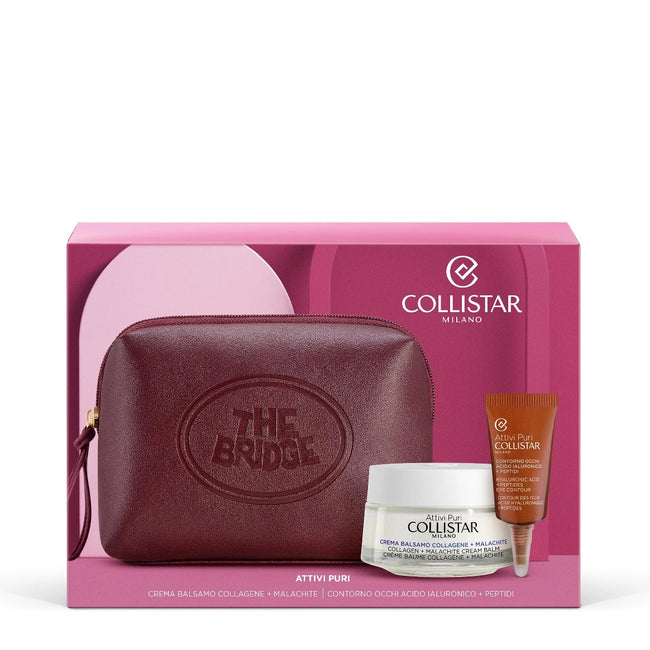 Collistar Attivi Puri zestaw balsam do twarzy z kolagenem i malachitem 50ml + żel do skóry wokół oczu z kwasem hialuronowym i peptydami 5ml + próbka kropli samoopalających + kosmetyczka