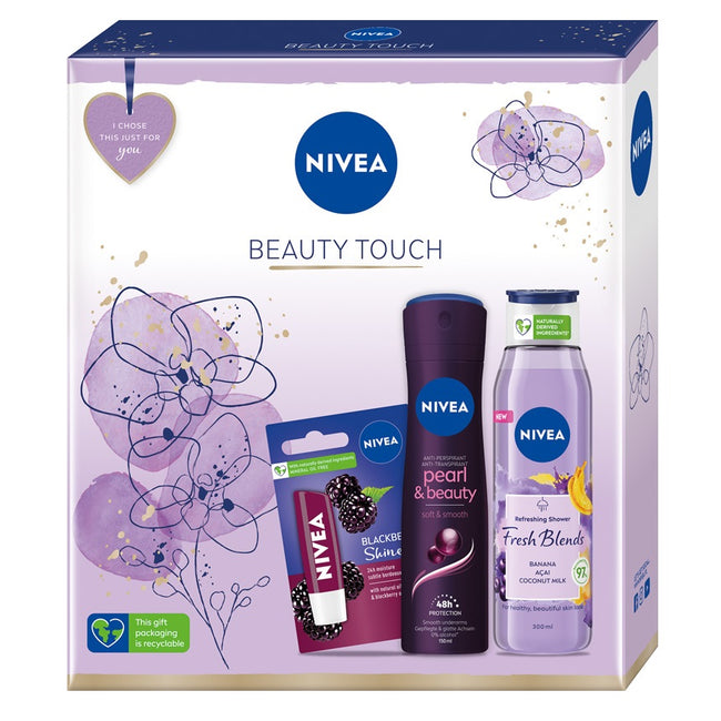 Nivea Beauty Touch zestaw Fresh Blends Banan i Acai żel pod prysznic 300ml + Pearl & Beauty Black Pearl antyperspirant spray 150ml + Blackberry Shine pomadka do ust 4.8g