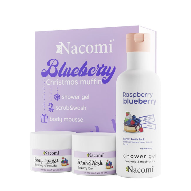 Nacomi Blueberry Christmas Muffin zestaw żel pod prysznic 300ml + mus do ciała 50ml + pianka peelingująco-myjąca 50ml