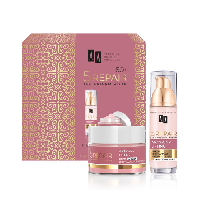 AA Technologia Wieku 5Repair 50+ Aktywny Lifting zestaw krem na dzień liftingująco-rozświetlający 50ml + serum liftingująco-rozświetlające 35ml