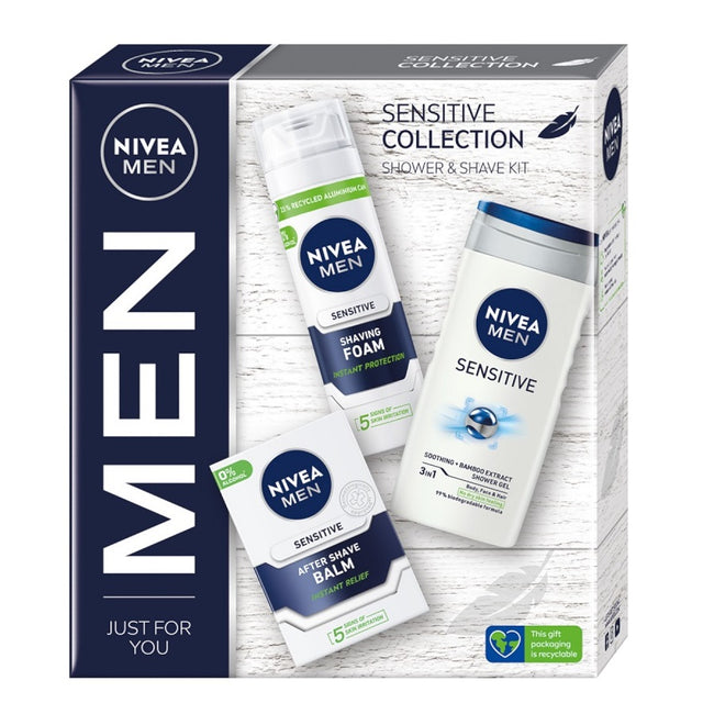 Nivea Men Sensitive Collection zestaw łagodząca pianka do golenia 200ml + łagodzący balsam po goleniu 100ml + żel pod prysznic 3w1 250ml