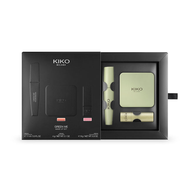 KIKO Milano Green Me Make Up Set zestaw paleta 9 cieni do powiek 102 9g + tusz zapewniający ekstremalny efekt objętości 11ml + matowa pomadka do ust 102 4g