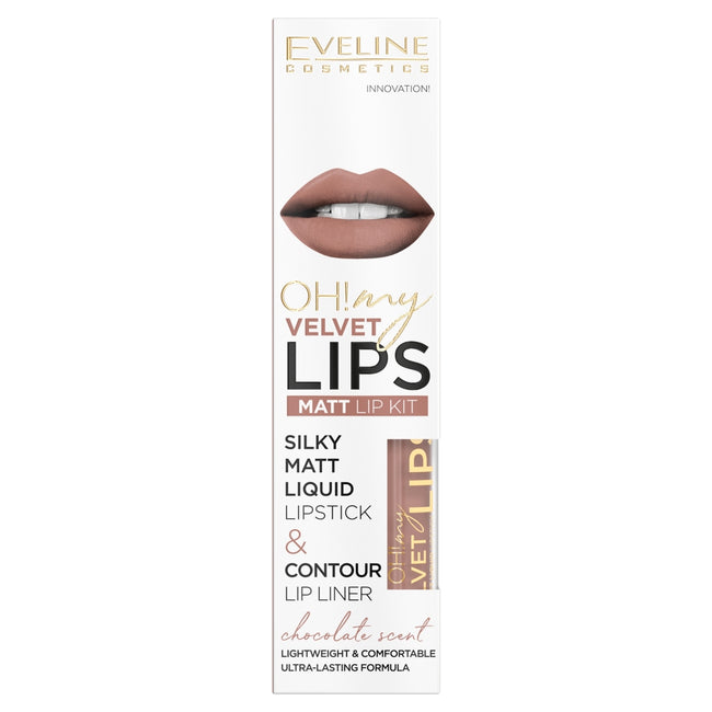 Eveline Cosmetics Oh! My Velvet Lips Liquid Matt Lip Kit zestaw matowa pomadka w płynie 4.5ml + konturówka do ust 1szt 11 Cookie Milkshake