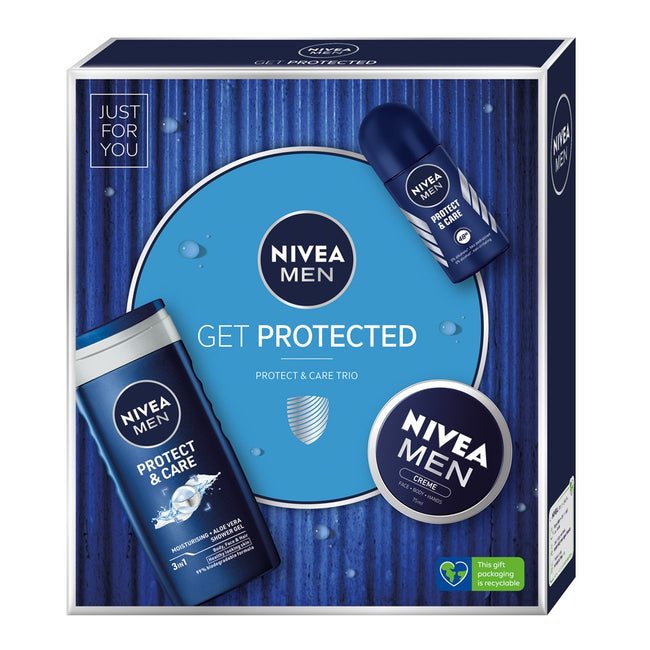 Nivea Men Get Protected zestaw Protect & Care żel pod prysznic 3w1 250ml + Protect & Care antyperspirant w kulce 50ml + Men Creme krem do ciała i twarzy 75ml
