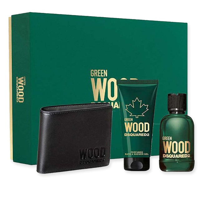 Dsquared2 Green Wood Pour Homme zestaw woda toaletowa spray 100ml + żel pod prysznic 100ml + portfel