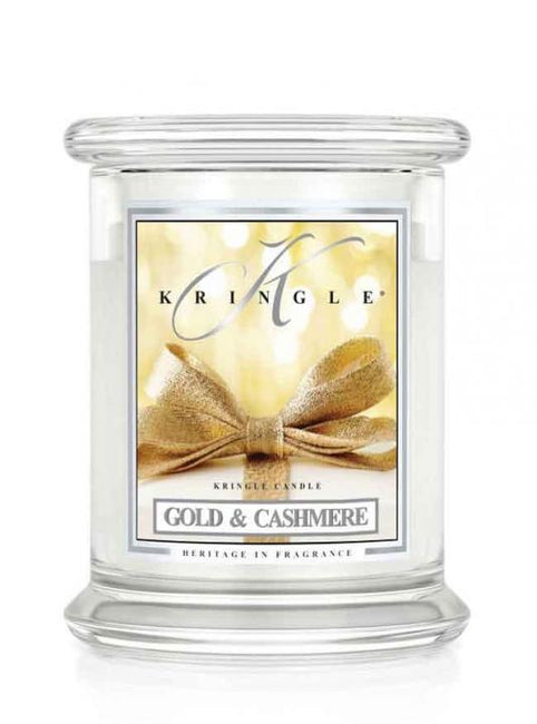 Kringle Candle Średnia świeca zapachowa z dwoma knotami Gold & Cashmere 411g