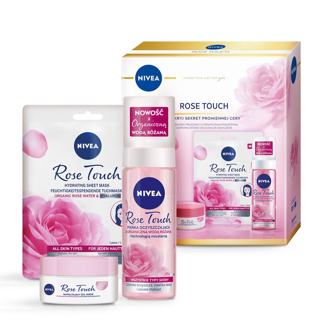 Nivea Rose Touch zestaw nawilżający żel-krem do twarzy 50ml + pianka oczyszczająca do twarzy 150ml + intensywnie nawilżająca maska w płachcie 1szt
