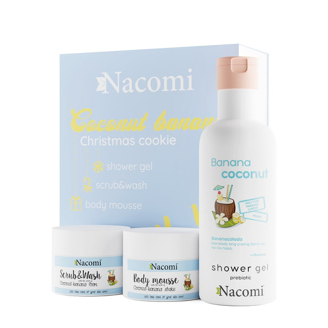 Nacomi Coconut Banana Christmas Cookie zestaw żel pod prysznic 300ml + mus do ciała 50ml + pianka peelingująco-myjąca 50ml